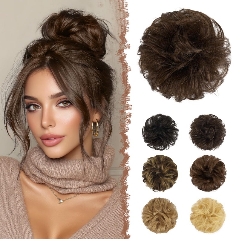 FESHFEN Human Messy Buns - 100% Human Hair Bun Real Scrunchies Hair Pieces Ponytail Extensions Wavy Tousled Updo Chignon Hairpieces for Women, Medium Chestnut Brown - Image 1
